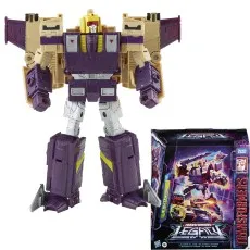 Transformers Legacy Series Leader Blitzwing action figure standing next to its box.