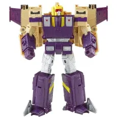 The Transformers Legacy Series Leader Blitzwing toy is a robot figure with a purple, cream, and gray body.