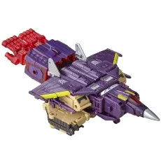 The Transformers Legacy Series Leader Blitzwing toy is in its jet form with a red rocket booster attached to the back.