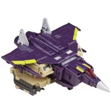 The Transformers Legacy Series Leader Blitzwing toy is in its jet form, with purple and cream colors.