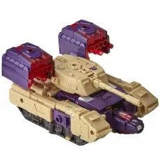 The Transformers Legacy Series Leader Blitzwing toy is in its tank form, with a purple and tan body.