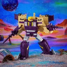 The Transformers Legacy Series Leader Blitzwing toy standing on a colorful alien planet holding two blasters.