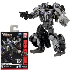 The Transformers Studio Series 02 Barricade figure stands next to its black and purple box.