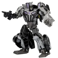 The Transformers Studio Series 02 Barricade figure is a black, gray, and purple robot holding a blaster..