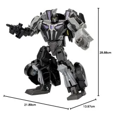 The Transformers Studio Series Barricade figure is a black and gray robot with its dimensions labeled.