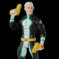 Close-up of the Marvel Legends Marvel Boy action figure holding two large golden blasters..