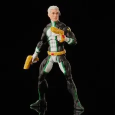 The Marvel Legends Marvel Boy action figure in a black, white, and green suit holds two gold blasters.