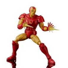 The Marvel Legends Iron Man (Heroes Return) figure in a low stance, firing yellow repulsor blasts.