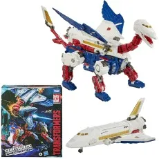 The Transformers Earthrise Sky Lynx figure in two modes next to its box.