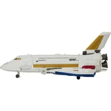 A side view of the Sky Lynx toy transformed into the white NASA-inspired space shuttle.