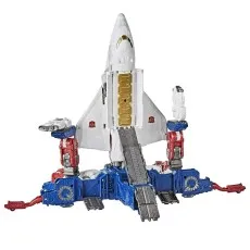 An overhead view of the Sky Lynx toy transformed into a white space shuttle launch base with blue sections.
