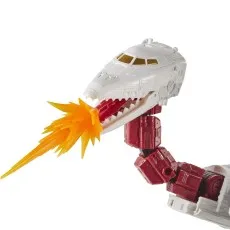 The Sky Lynx dinosaur head, which is a white shuttle nose, fires an orange energy blast from its mouth.