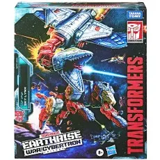 The front of the Transformers Earthrise Sky Lynx box, showing the combined beast mode fighting in space.
