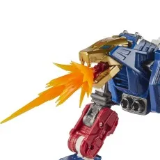 The Sky Lynx lynx-mode toy head (goldblue) fires an orange energy blast from its mouth.
