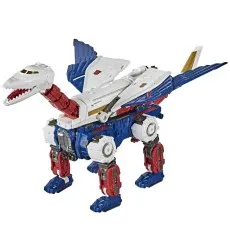 The Transformers Earthrise Sky Lynx figure is in its combined beast mode, a white, red, and blue creature.