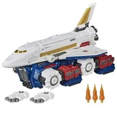 The Transformers Earthrise Sky Lynx space shuttle base and the Transformers Legacy Blitzwing tri-changer toy modes.