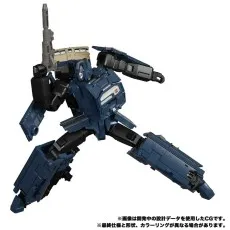 The Takara Tomy MPG-02 Trainbot Getsuei figure in robot mode, a dark blue and black machine.