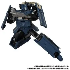 The Takara Tomy Trainbot Getsuei figure in a kneeling robot pose, holding a gray blaster.
