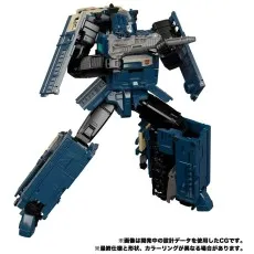 The Takara Tomy Trainbot Getsuei figure is transforming from a blue train engine into a tall, rectangular torso component..