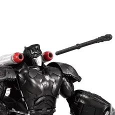 Close-up of Optimus Primal's black robot head and chest, with a gray faceplate and red shoulder cannons.