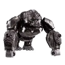The black and gray chest and head of the Optimus Primal robot, with a green-eyed gorilla faceplate.