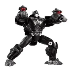The Transformers Optimus Primal figure is in its black robot mode, posed with two red and gray cannons on its arms.