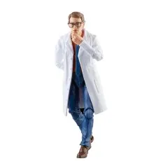 Bruce Banner action figure in a white lab coat, glasses, and a tie, standing thoughtfully with a hand on his chin.