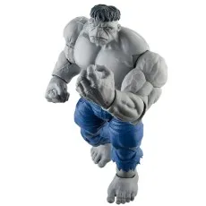 A gray-skinned, muscle-bound Hulk toy in ripped blue jeans, posed as if mid-jump.