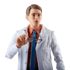 Close-up of a Bruce Banner action figure in a lab coat and tie, holding his black-framed glasses.