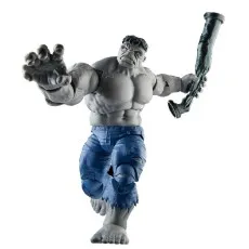 Grey Hulk action figure in blue pants, lunging forward with an angry snarl and holding a broken pipe.