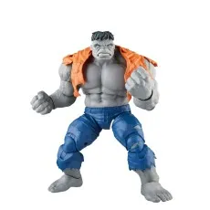 Grey Hulk action figure with a ripped orange jacket and torn blue pants, standing with fists clenched.