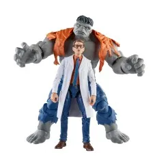 The Marvel Legends Gray Hulk towering behind Dr. Bruce Banner in his lab coat.