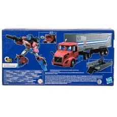 Back of the Transformers Optimus Prime (Volvo VNR) toy box, showing robot, truck, and trailer base modes.
