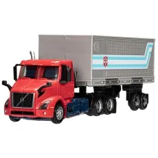 Transformers Optimus Prime (Volvo VNR) toy in red semi-truck mode with a silver trailer..