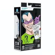 Back of The Riddler DC Multiverse action figure box, featuring classic comic art of the villain.