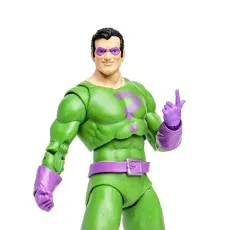 Close-up of The Riddler action figure (McFarlane Toys) in his classic green suit and purple gloves, posing..