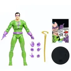 McFarlane DC Multiverse The Riddler action figure with all accessories laid out cane, hands, card, and stand.