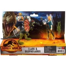 Packaged Jurassic World Dominion toy set featuring Claire Dearing and a Dilophosaurus figure.