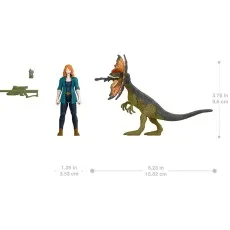 Claire and Dilophosaurus action figures with their measurements in inches and centimeters.