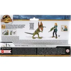 Back of the Jurassic World Claire and Dilophosaurus action figure packaging with multilingual text.