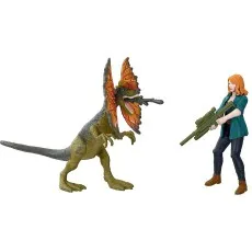 Claire Dearing action figure aiming a rifle at the spitting Dilophosaurus dinosaur figure.