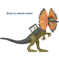Dilophosaurus action figure with its frill extended, spitting, and showing a scannable chip on its back.