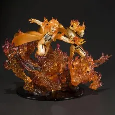 A statue featuring two versions of Naruto in Sage Mode on a base of translucent orange Kurama flame effects.