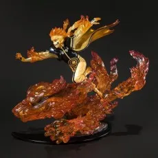 Naruto action figure in a dynamic pose, leaping over a translucent orange Kurama flame effect base.