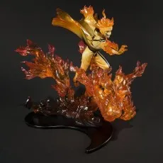 Naruto action figure in a leaping pose with an orange, flowing cloak over a translucent flame base.