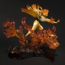 Naruto action figure leaping over a translucent orange fox head made of Kurama flame energy.