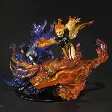 Naruto and Sasuke action figures battling, surrounded by translucent orange fire and purple energy effects.