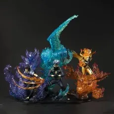 Naruto anime figure featuring Team 7 (Naruto, Sasuke, Kakashi) with dynamic orange, purple, and blue energy effects.