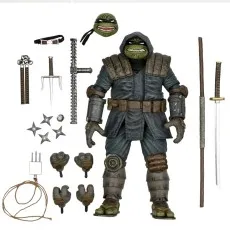 TMNT Last Ronin action figure in gray cloak with weapons like katana, sai, nunchucks, and throwing stars