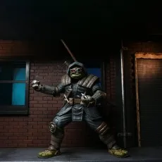 The Last Ronin action figure wearing 3D glasses, wielding a sai and a shuriken in a dark alley diorama